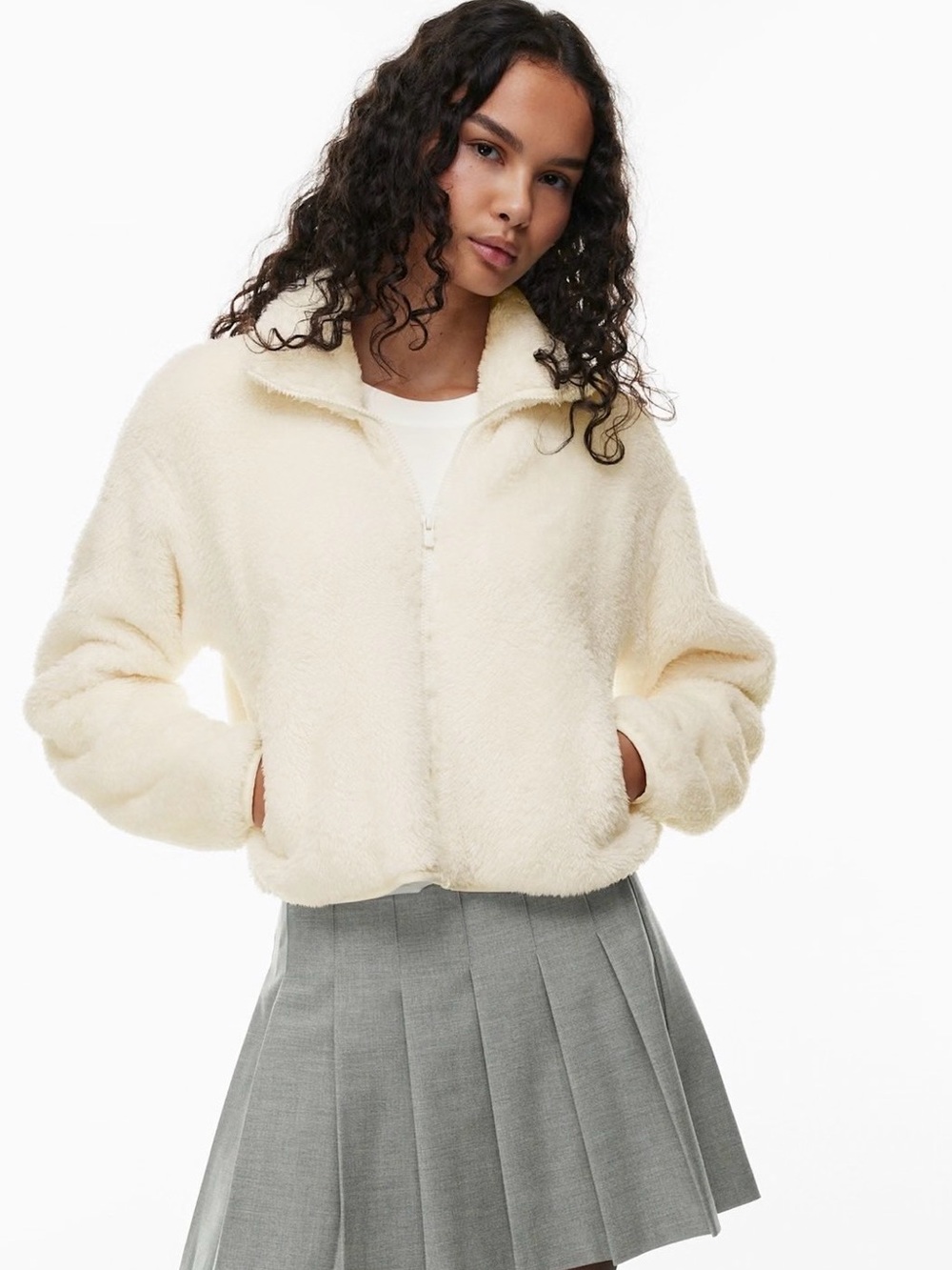 Aritzia Sunday Best Mockneck Fuzzy Zip-Up Fleece Jacket Cream Off White XS